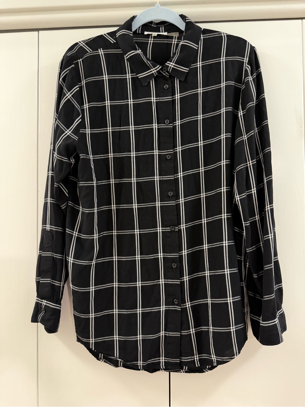 Calvin Klein Black White Windowpane Plaid Button Down Blouse Size M